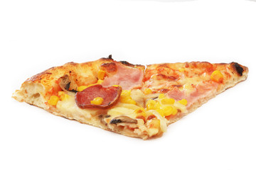 Cut off slice pizza on white background