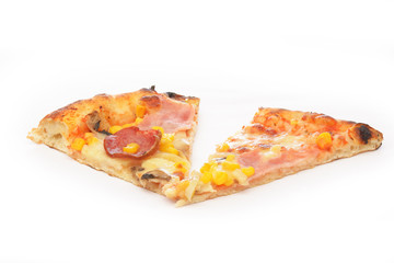 Cut off slice pizza on white background