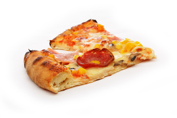 Cut off slice pizza on white background