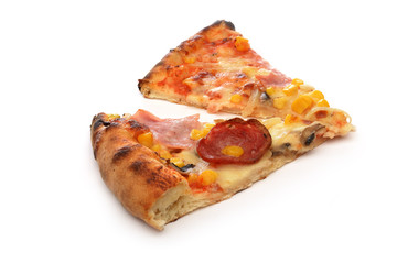 Cut off slice pizza on white background