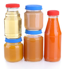Baby food in glass jars, isolated on white