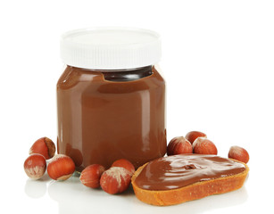 Bread with sweet chocolate hazelnut spread isolated on white