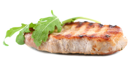 Grilled steak with fresh arugula leaves isolated on white