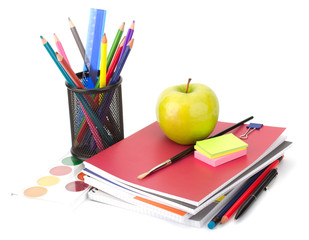 Notebook stack and pencils. Schoolchild and student studies acce