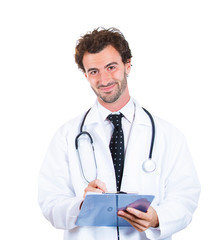 Fototapeta premium Doctor taking notes, isolated on white background 