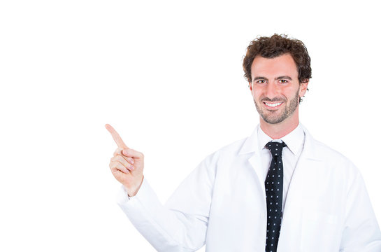 Happy advertising doctor, pouting at blank white copy space 