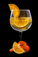 orange slices on a glass on wine with dark background