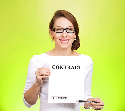 Closeup Portrait Businesswoman Offering To Sign Contract Here