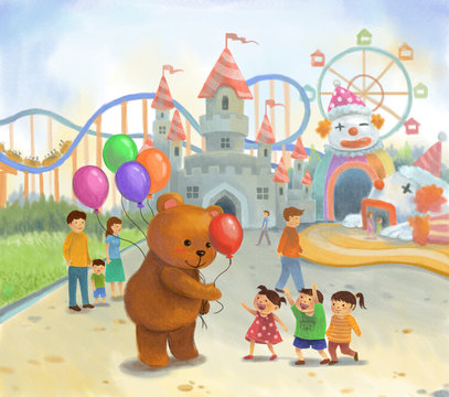 Amusement park for children in pastel color on canvas style