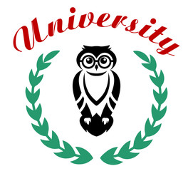 Black owl in wreath as university symbol