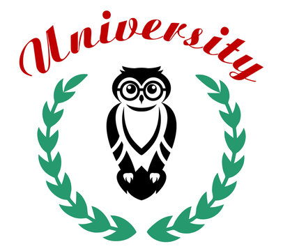 Black owl in wreath as university symbol
