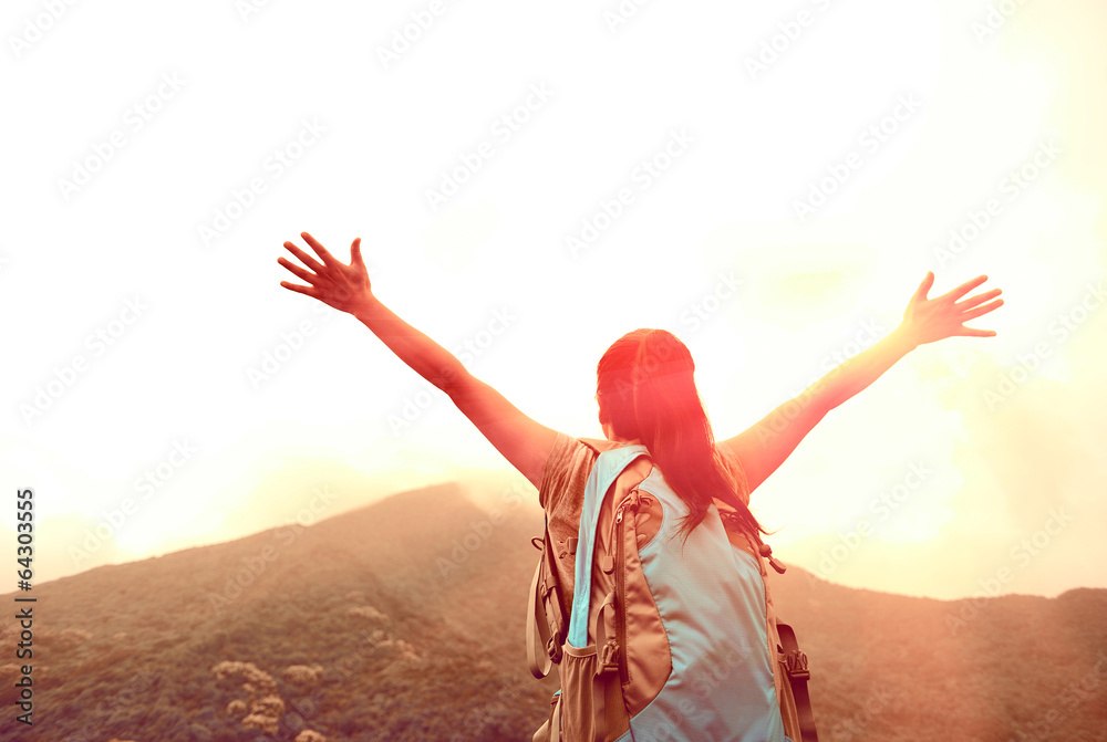 Wall mural cheering woman hiker enjoy the view at mountain peak