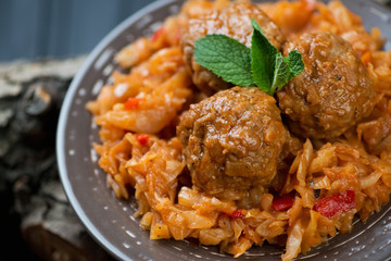Close-up of meatballs with braised cabbage, studio shot