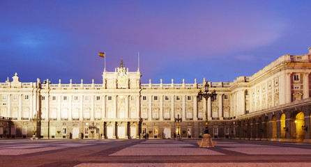 Fototapeta na wymiar Night front view of Royal Palace in Madrid