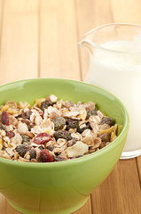 Delicious and healthy cereal in bowl with milk