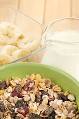 Delicious and healthy cereal in bowl with milk