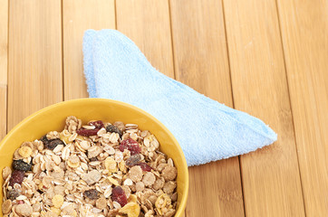 Delicious and healthy cereal in bowl with milk