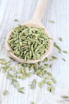 fennel seed in a wooden spoon on table