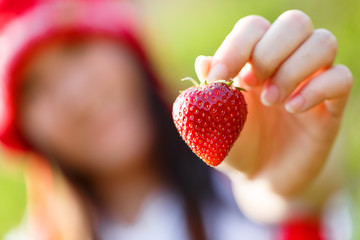 Hands of a girl holding  a fresh strawberry - 64308722