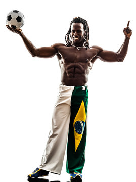 Brazilian  black man soccer player holding showing football  sil