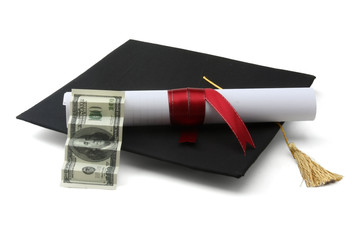 graduation cap ,dollars and a diploma with red ribbon.