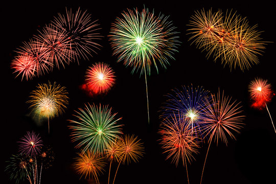 Collage of a variety of colorful fireworks