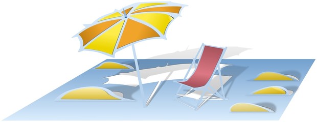 Beach with parasol and sunbed cutted and folded from paper sheet