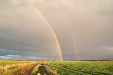 Paisaje agrícola con arcoíris.