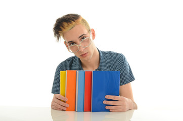 Student geek with eyeglasses studying for school