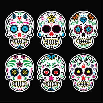 Mexican sugar skull, Dia de los Muertos icons set on black