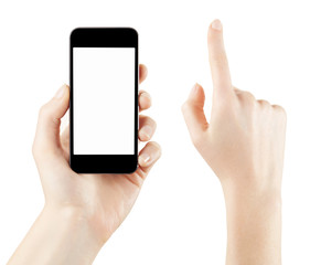Smartphone and woman hand on white, clipping path