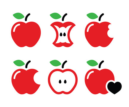 Red apple, apple core, bitten, half vector icons