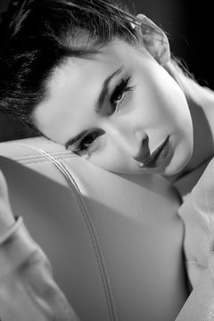 Beautiful closeup retro style black and white of woman