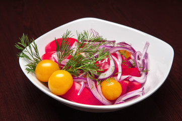 The menu - photo - fresh salad from tomatos, onions etc