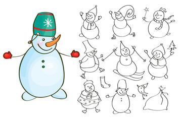 Vector snowman cartoons silhouettes.