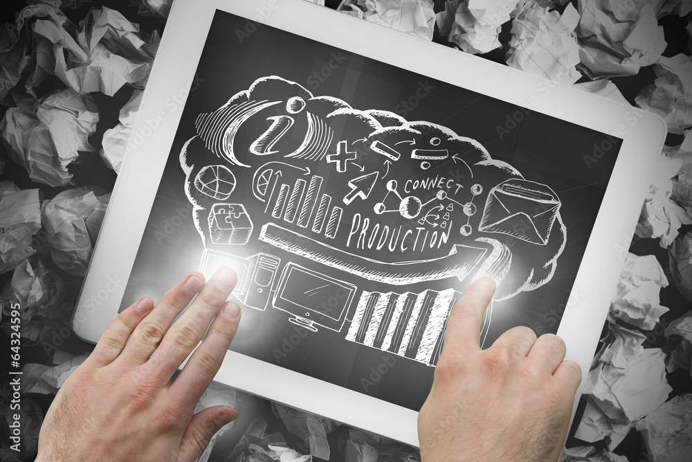 Poster composite image of hand touching tablet