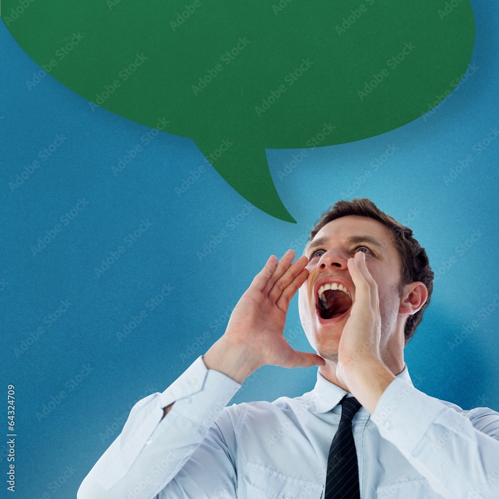 Poster Composite image of businessman shouting with speech bubble
