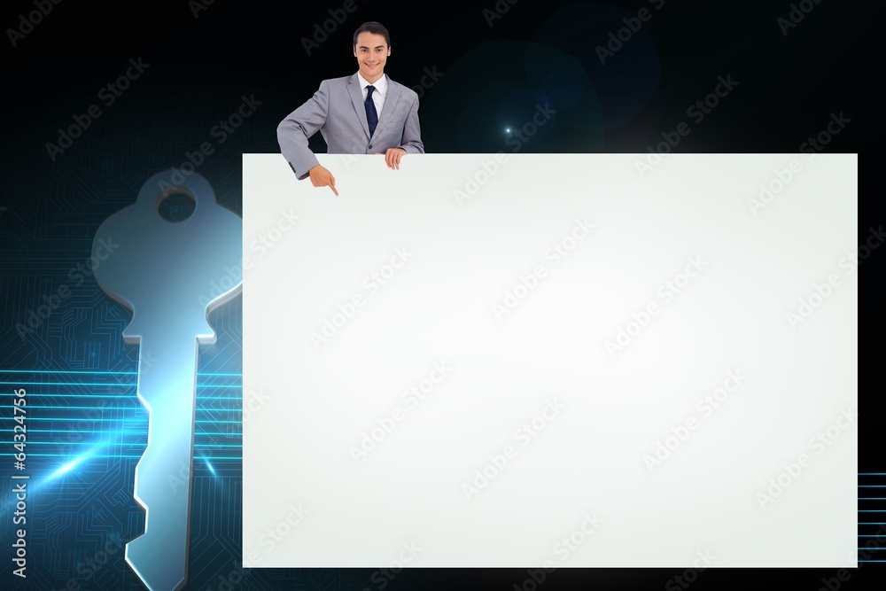 Poster composite image of businessman showing card