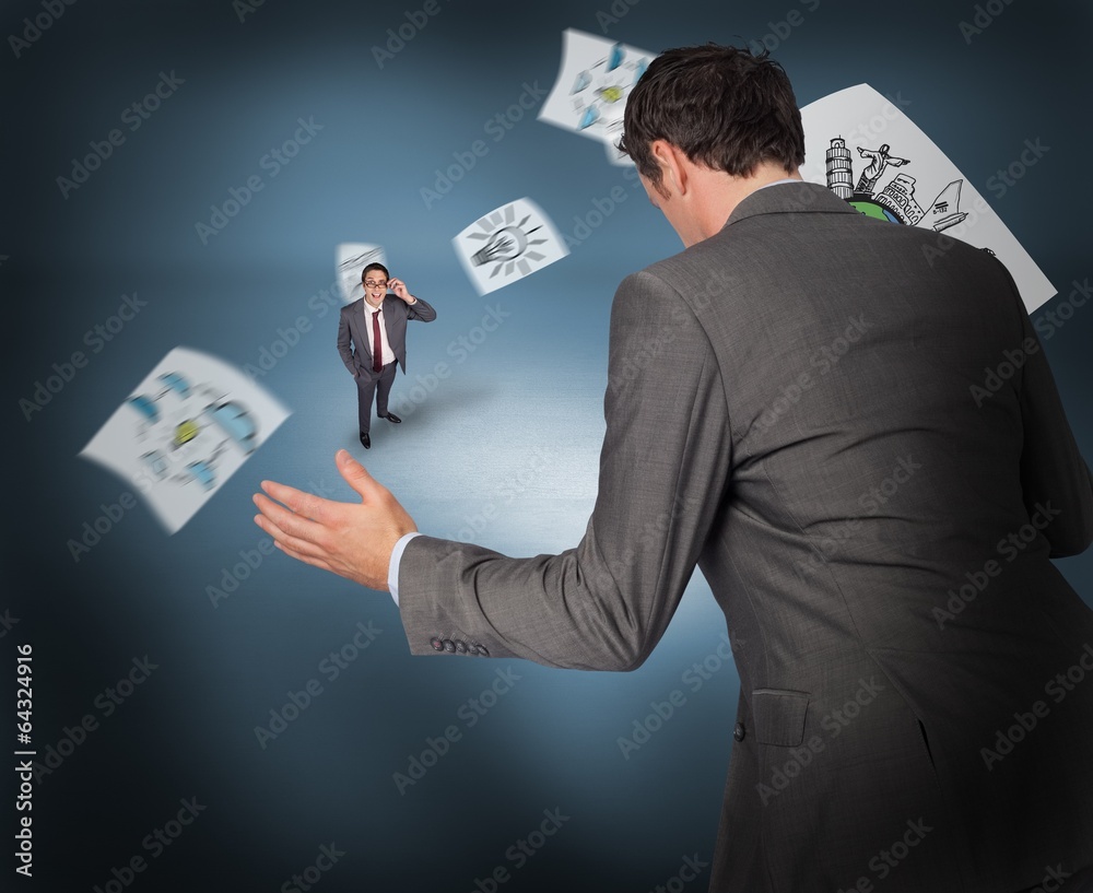 Poster Composite image of businessman posing with hands out with tiny b
