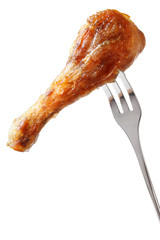 Barbecued chicken leg on a fork
