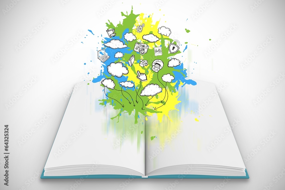 Aufkleber Composite image of brainstorm on paint splashes on open book