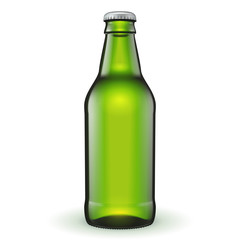 Short Glass Beer Green Bottle On White Background