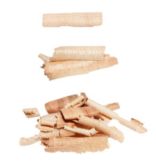 set wood shavings isolated on white background