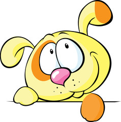 cute yellow dog peeking from white desk