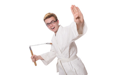Funny karate fighter with nunchucks on white