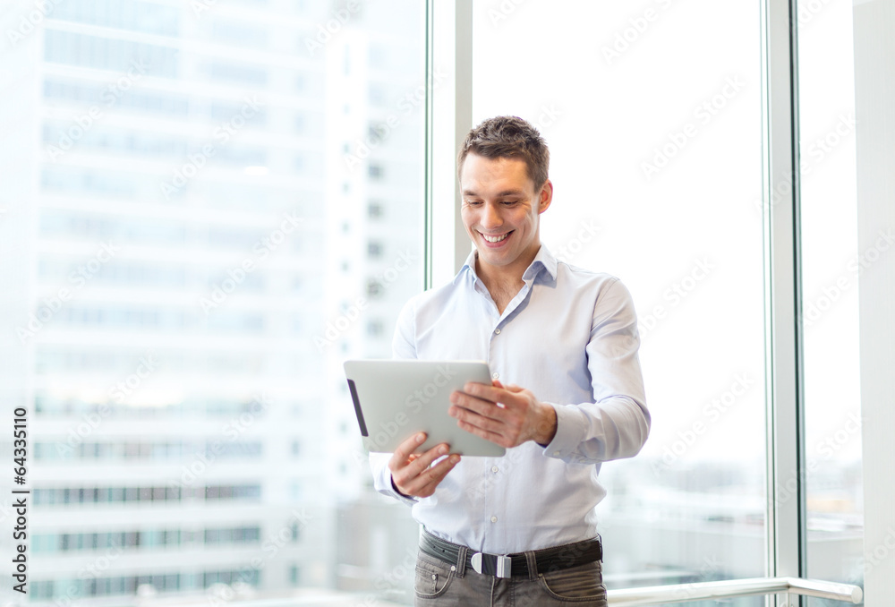 Sticker smiling businessman with tablet pc in office