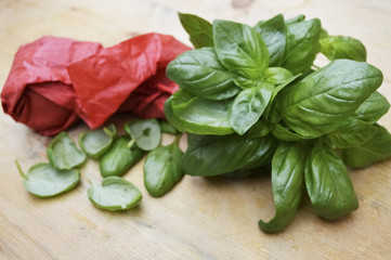 Basil leaves on wood