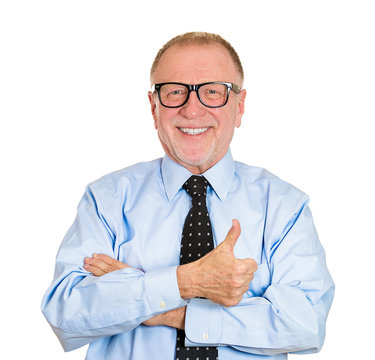 Portrait confident old man giving thumbs up on white background 