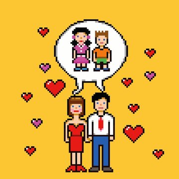 marriage dream about children pixel art style concept