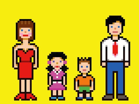 Pixel art happy family video game style vector